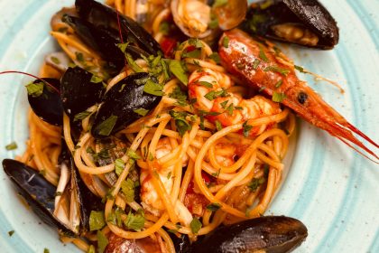Seafood spaghetti, a classic dish of Positano and Amalfi Coast cuisine