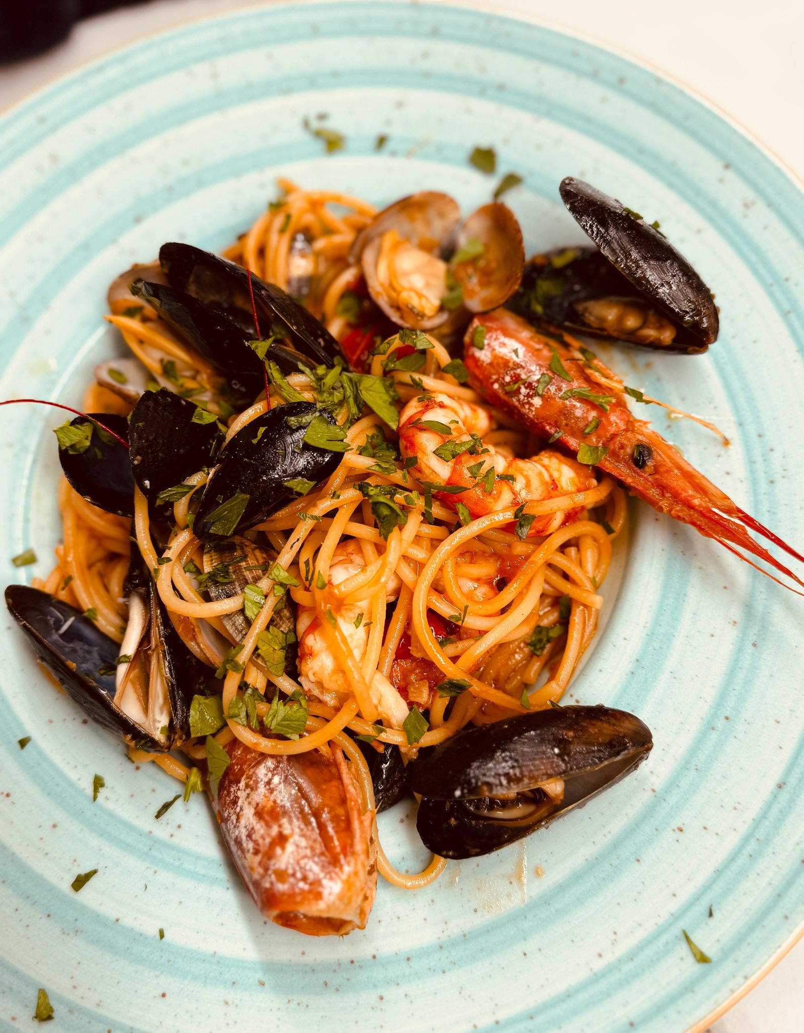 Seafood spaghetti, a classic dish of Positano and Amalfi Coast cuisine